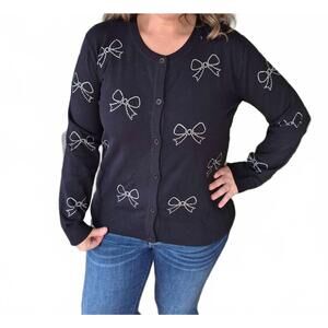 NEW SEW IN LOVE bow rhinestone button sweater in black